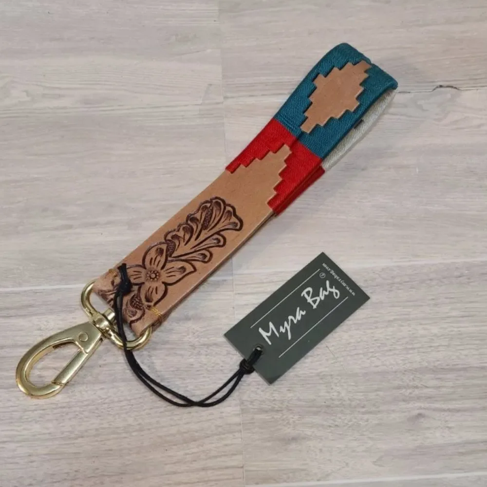Myra Bag Tooled Leather Key Fob Wristlet Western Aztec Strap Keychain NWT